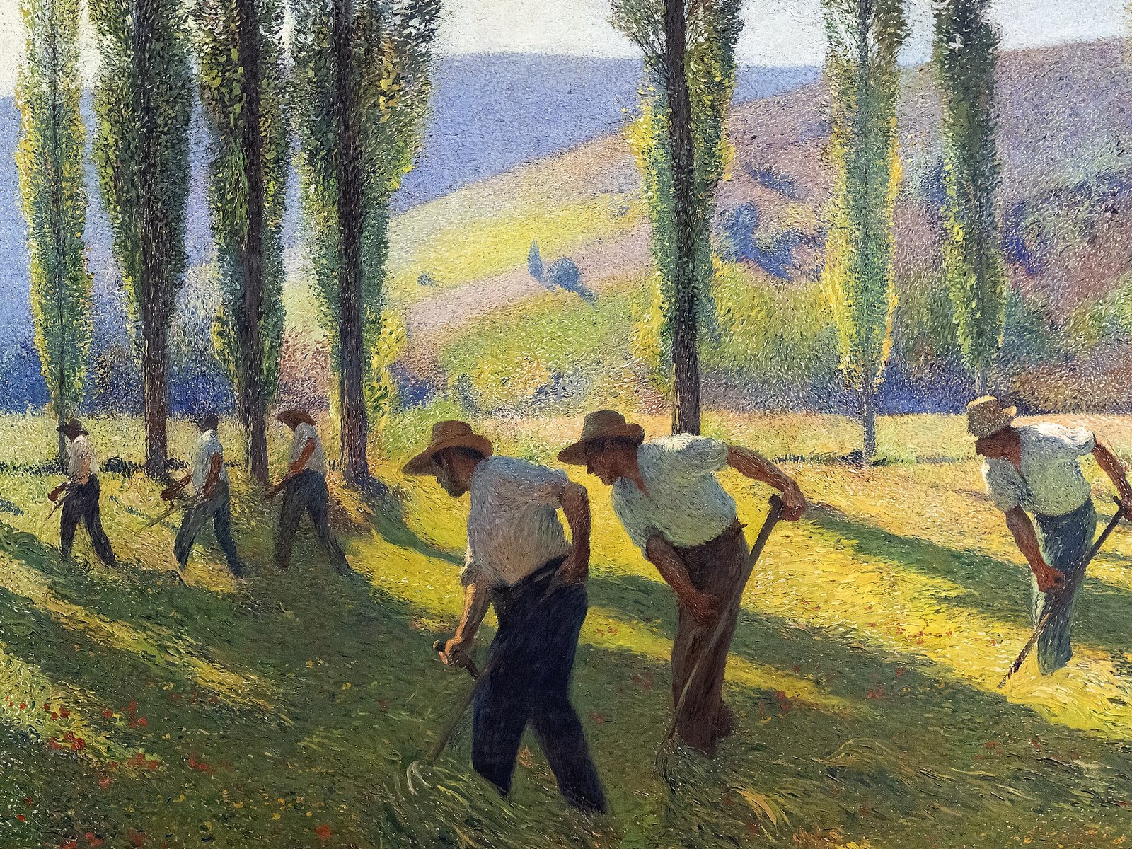 Henri_Martin_L_Ete_1903_recorte_trabajo_web Segadores trabajando bajo los árboles en un paisaje iluminado, detalle de L’Été ou les faucheurs, de Henri Martin.