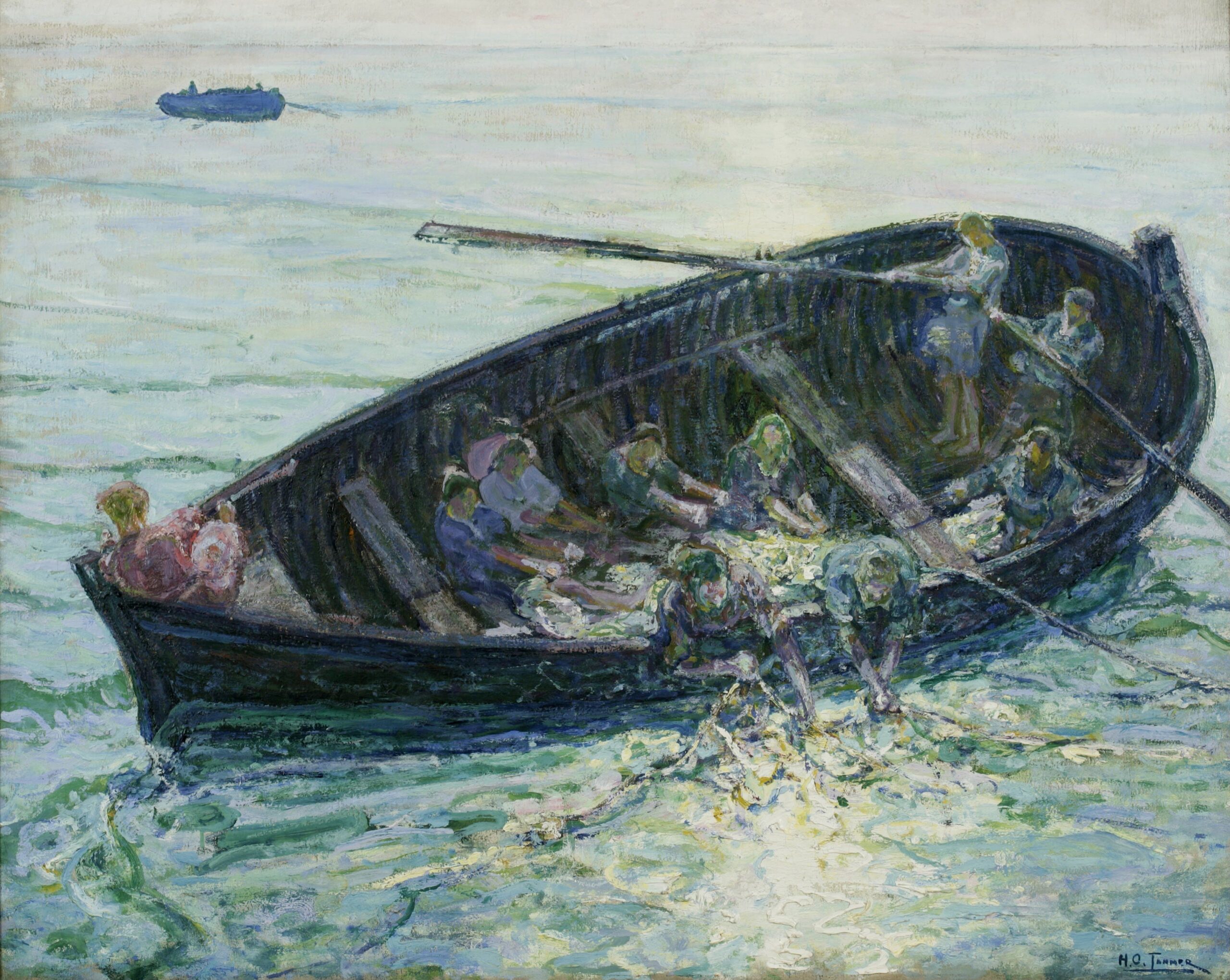 Henry Ossawa Tanner — The Miraculous Haul of Fishes, 1913–1914 Pescadores recogiendo una gran red llena de peces en "The Miraculous Haul of Fishes", de Henry Ossawa Tanner